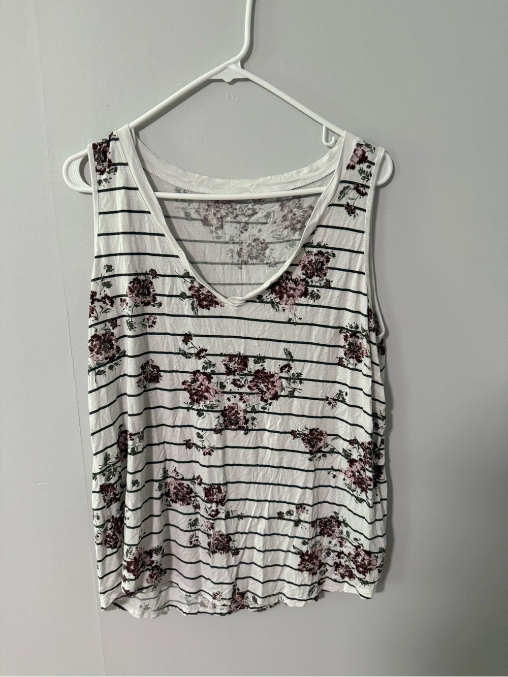 Maurices White Striped Tank with Burgundy Floral Print
